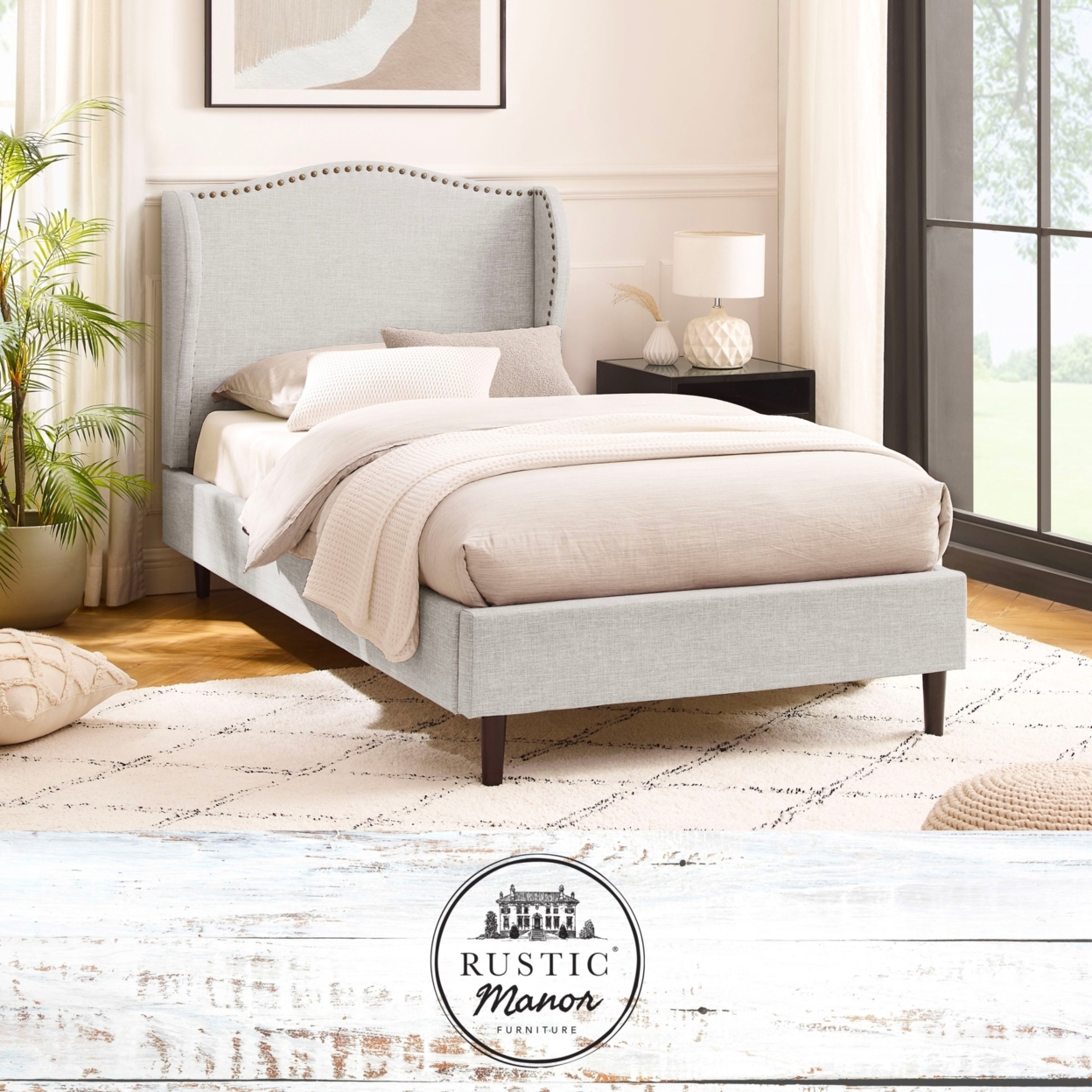 Ellena Bed - Upholstered, Wingback Headboard, Nailhead Trim, Slats Included - Cream White Full