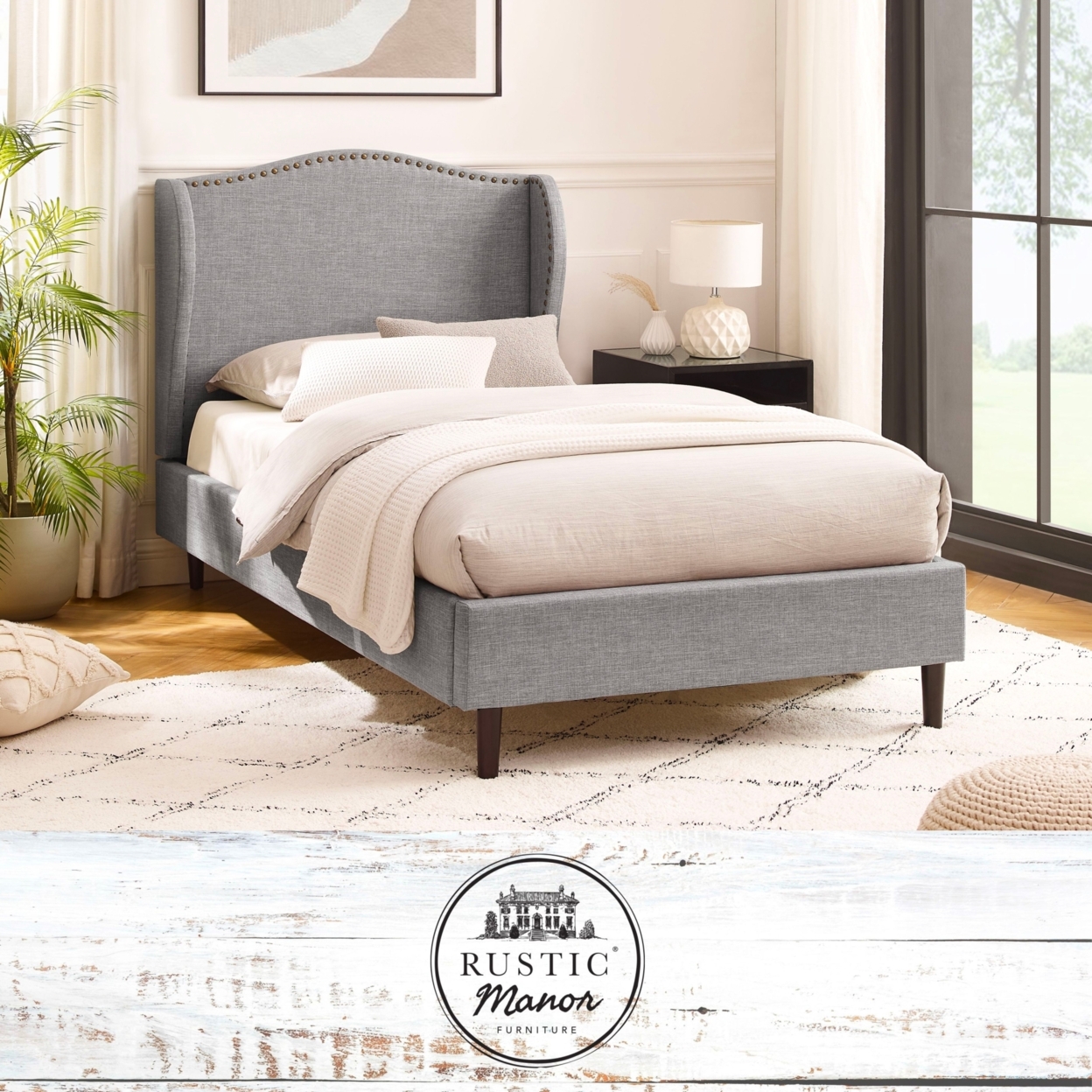 Ellena Bed - Upholstered, Wingback Headboard, Nailhead Trim, Slats Included - Grey Full