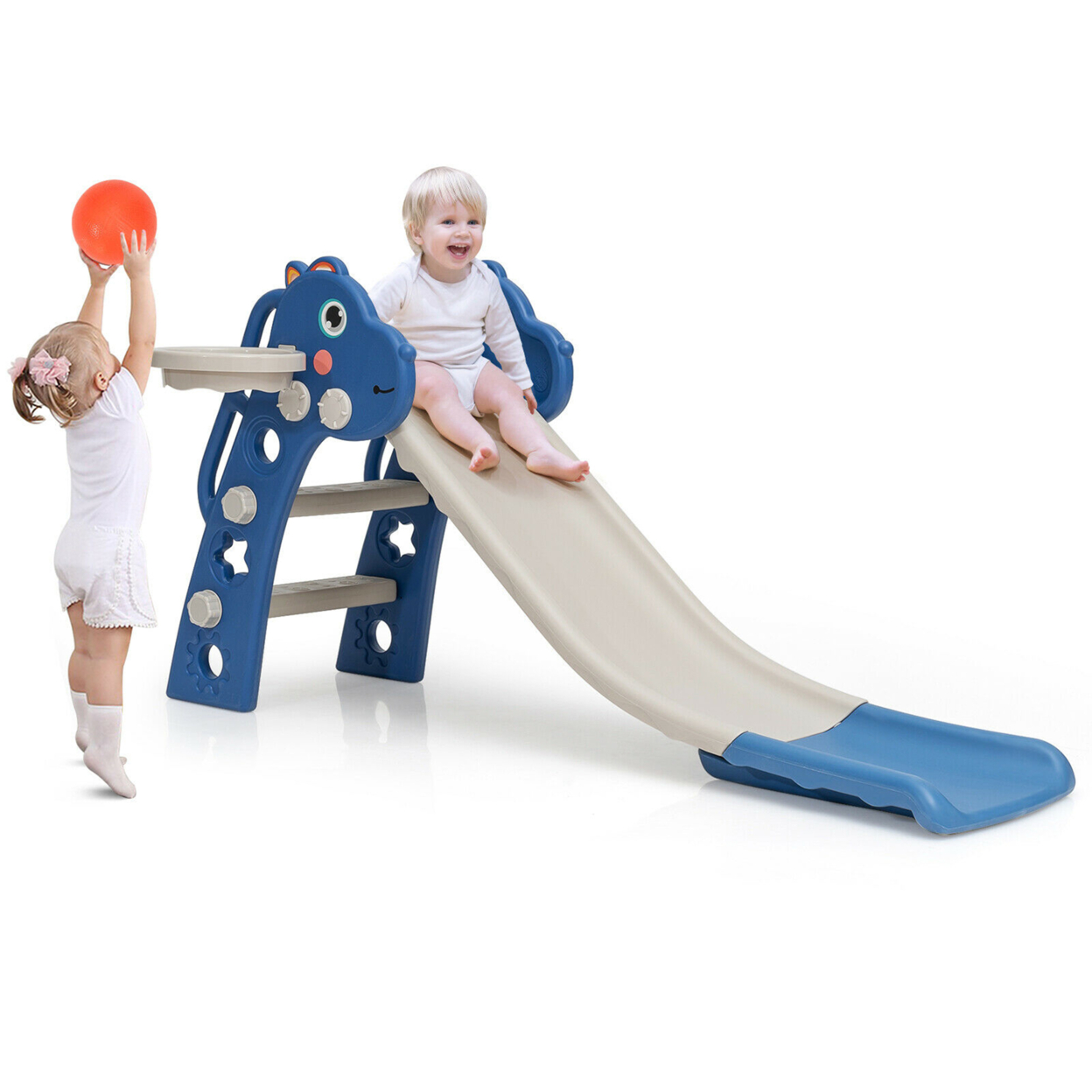 3 In 1 Kids Slide Baby Play Climber Slide Set W/Basketball Hoop - Green