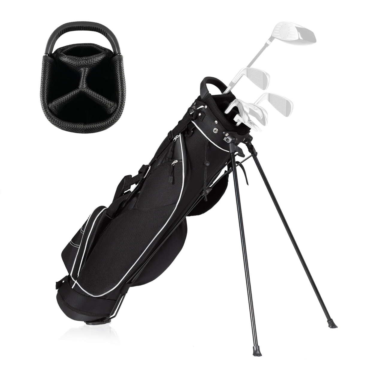 Black Golf Stand Cart Bag Club With Carry Organizer Pockets