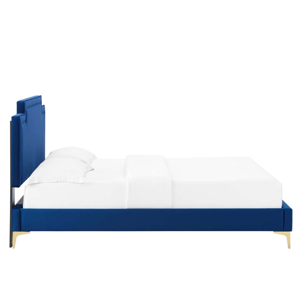 Full Bed, Navy Blue Velvet, Geometric Panel Headboard, Gold Metal Legs