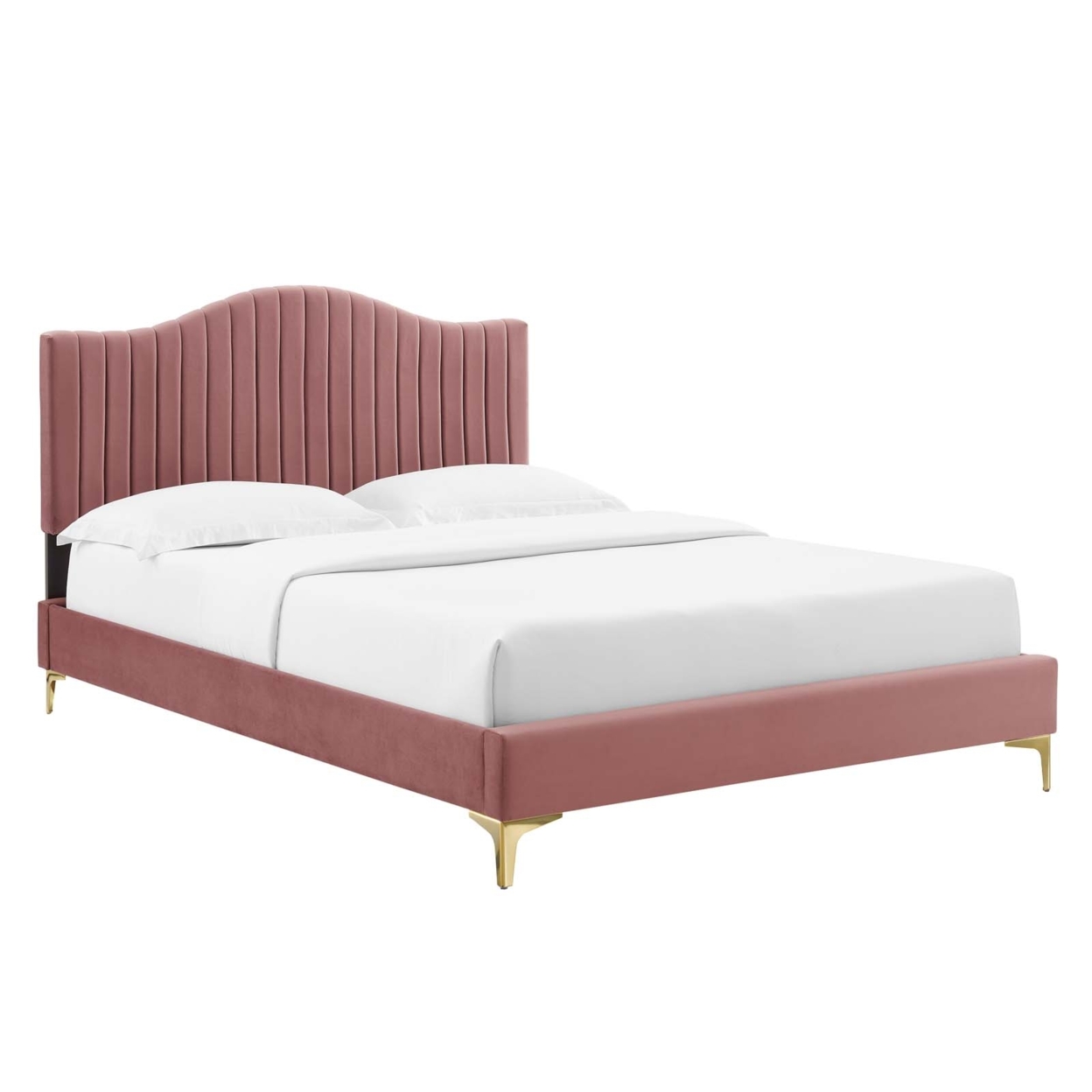 Twin Size Platform Bed, Dusty Pink Velvet, Camelback Tufted Headboard