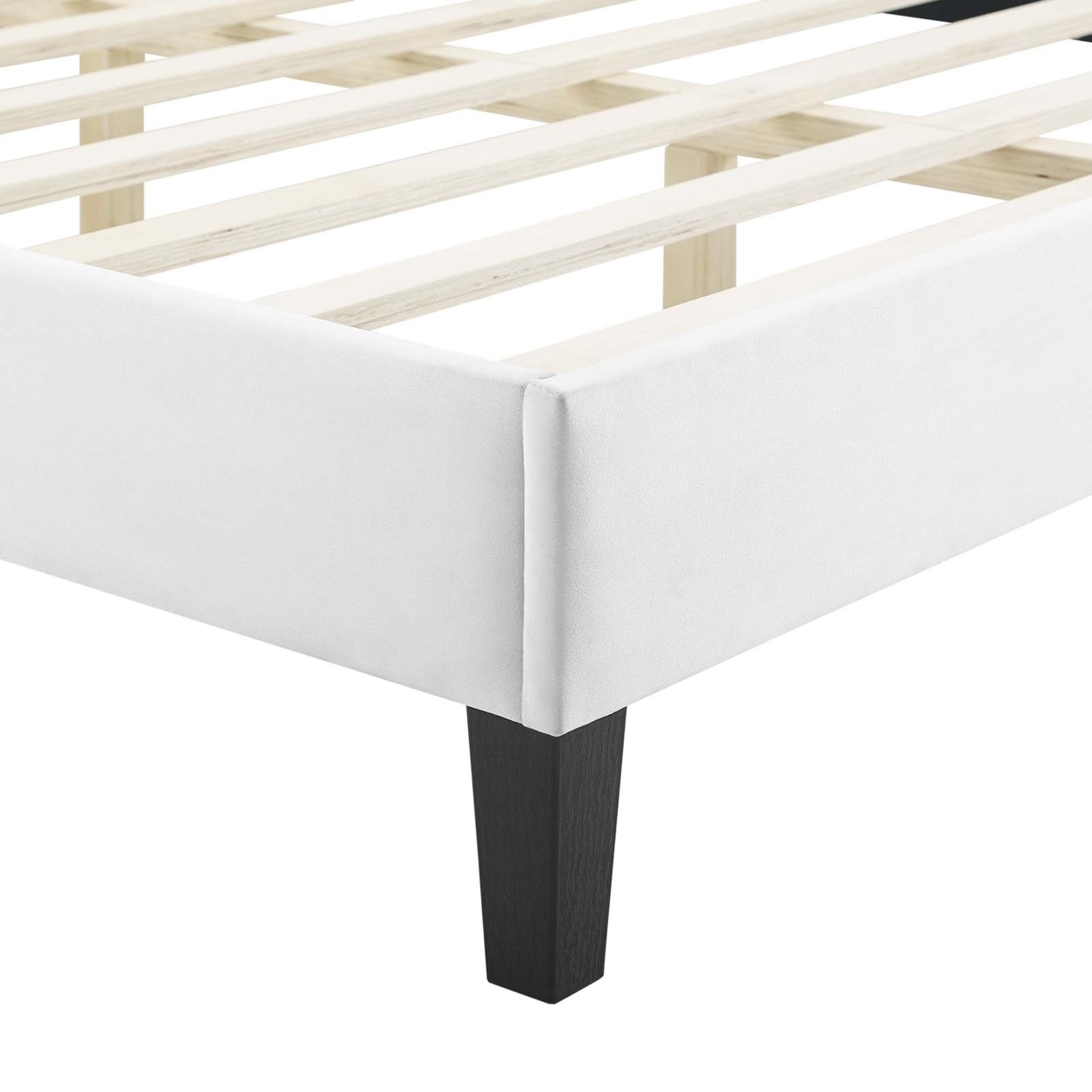 Twin Size Platform Bed, Classic White Velvet, Camelback Design Headboard