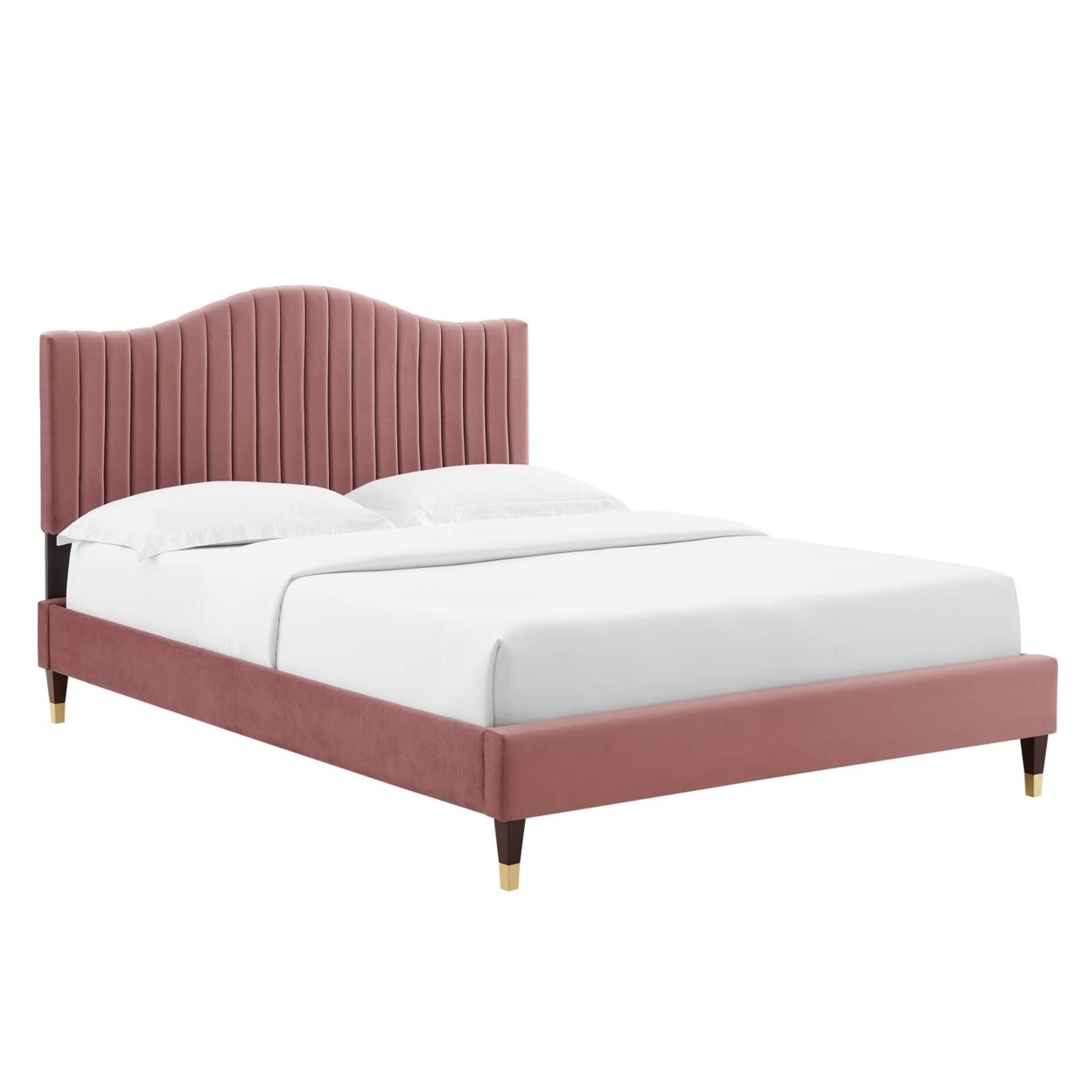 Full Size Platform Bed, Dusty Pink Velvet, Vertical Channel Tufting