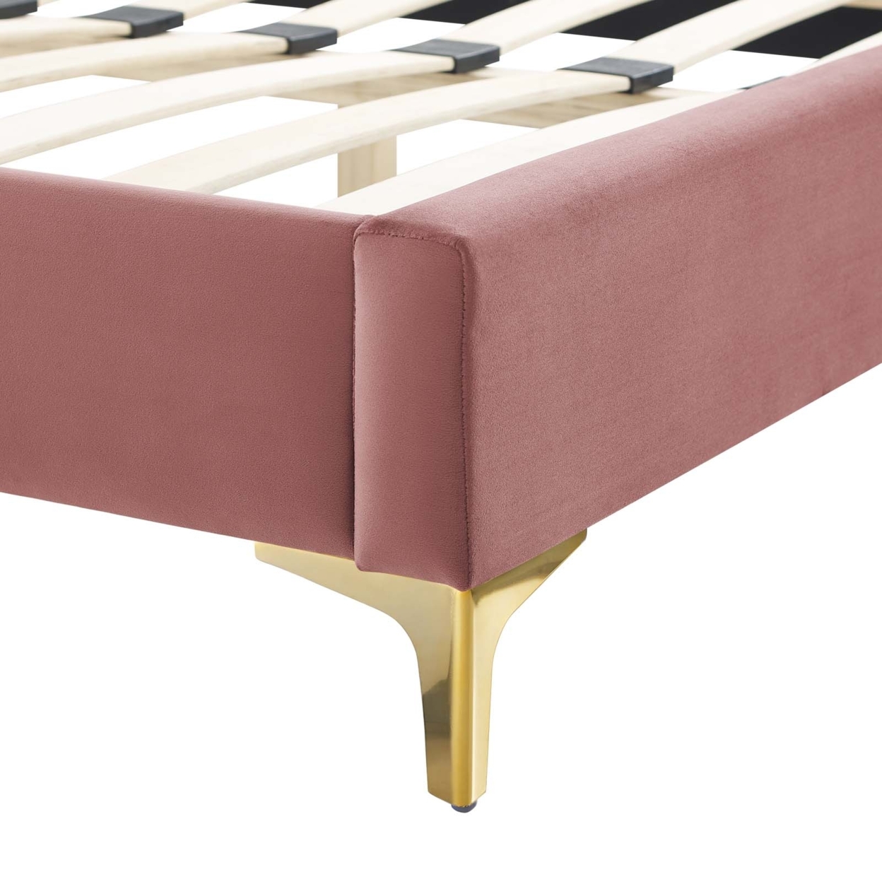 Twin Size Platform Bed, Dusty Pink Velvet, Camelback Tufted Headboard