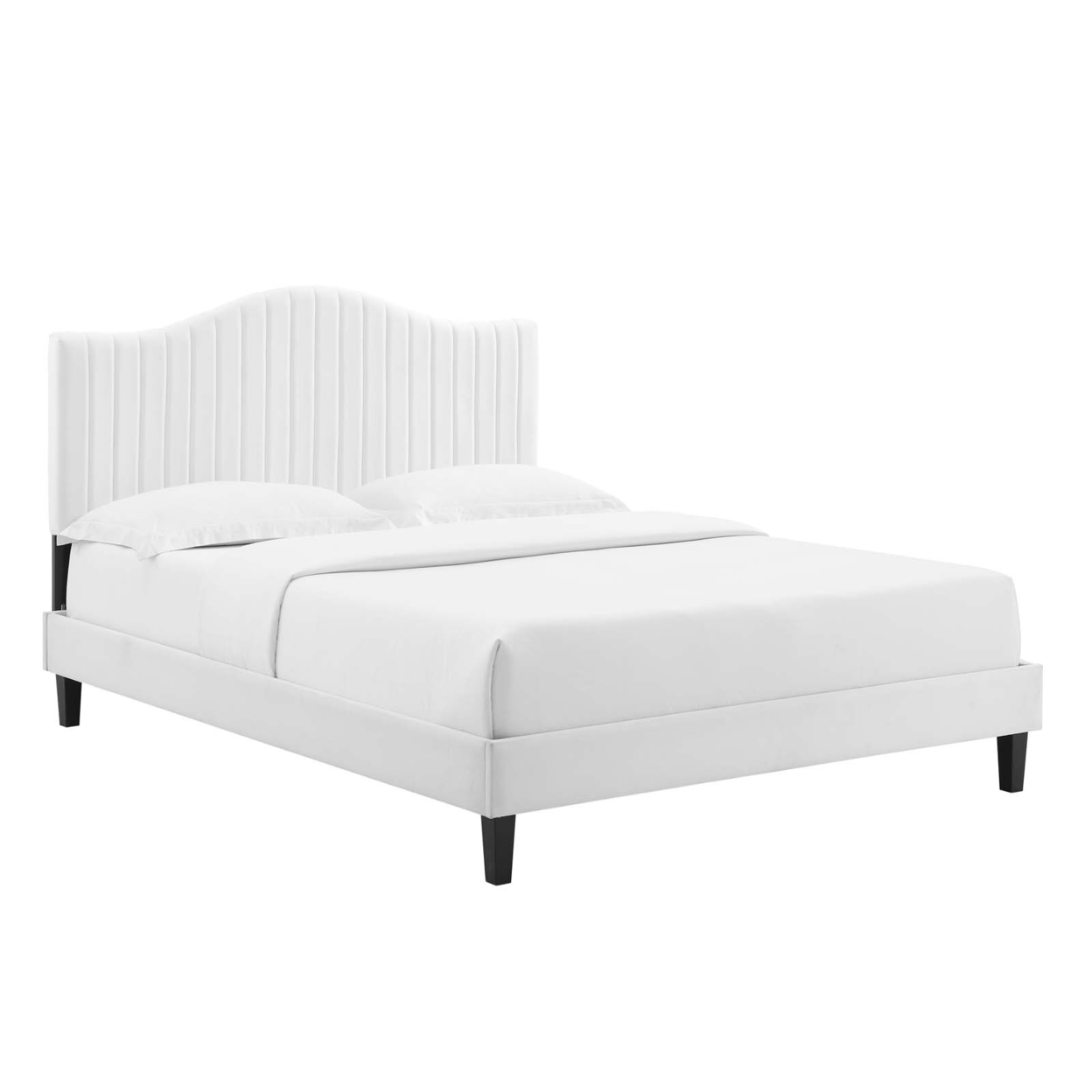 Twin Size Platform Bed, Classic White Velvet, Camelback Design Headboard