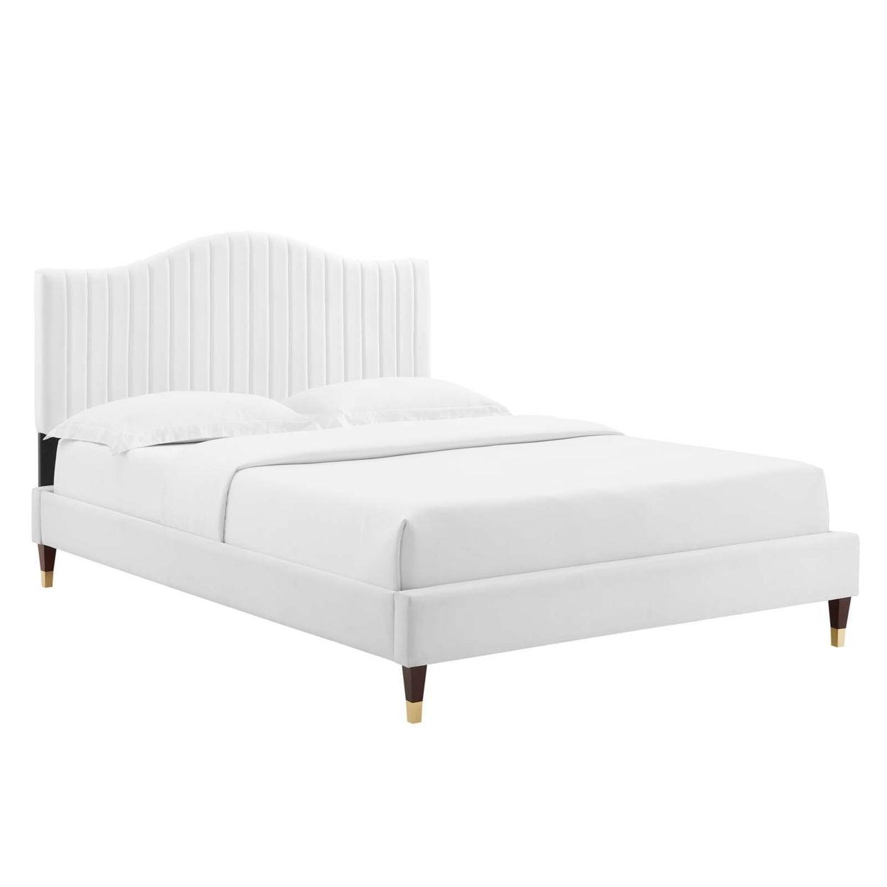 Queen Size Platform Bed, Classic White Velvet, Vertical Channel Tufting