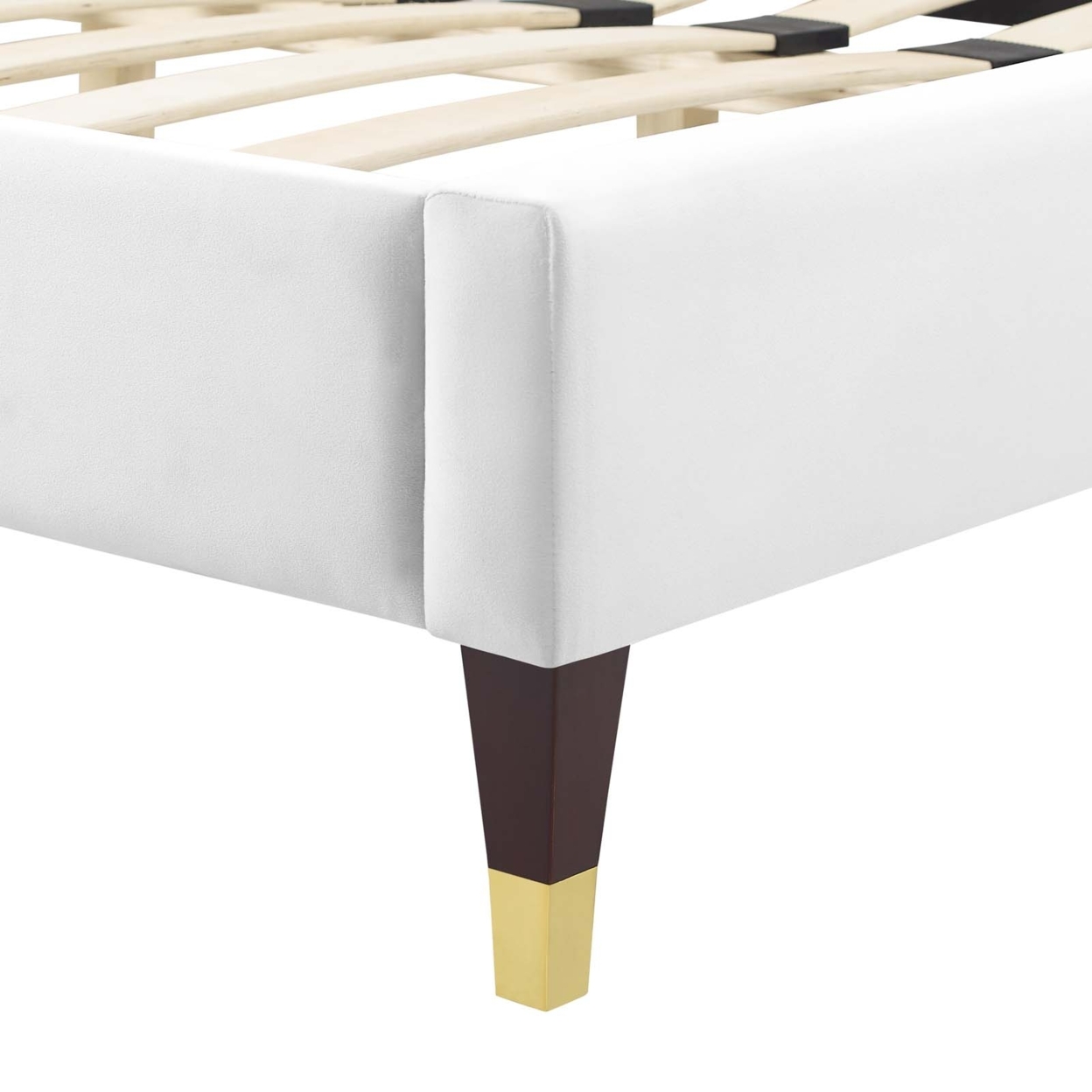 Queen Size Platform Bed, Classic White Velvet, Vertical Channel Tufting