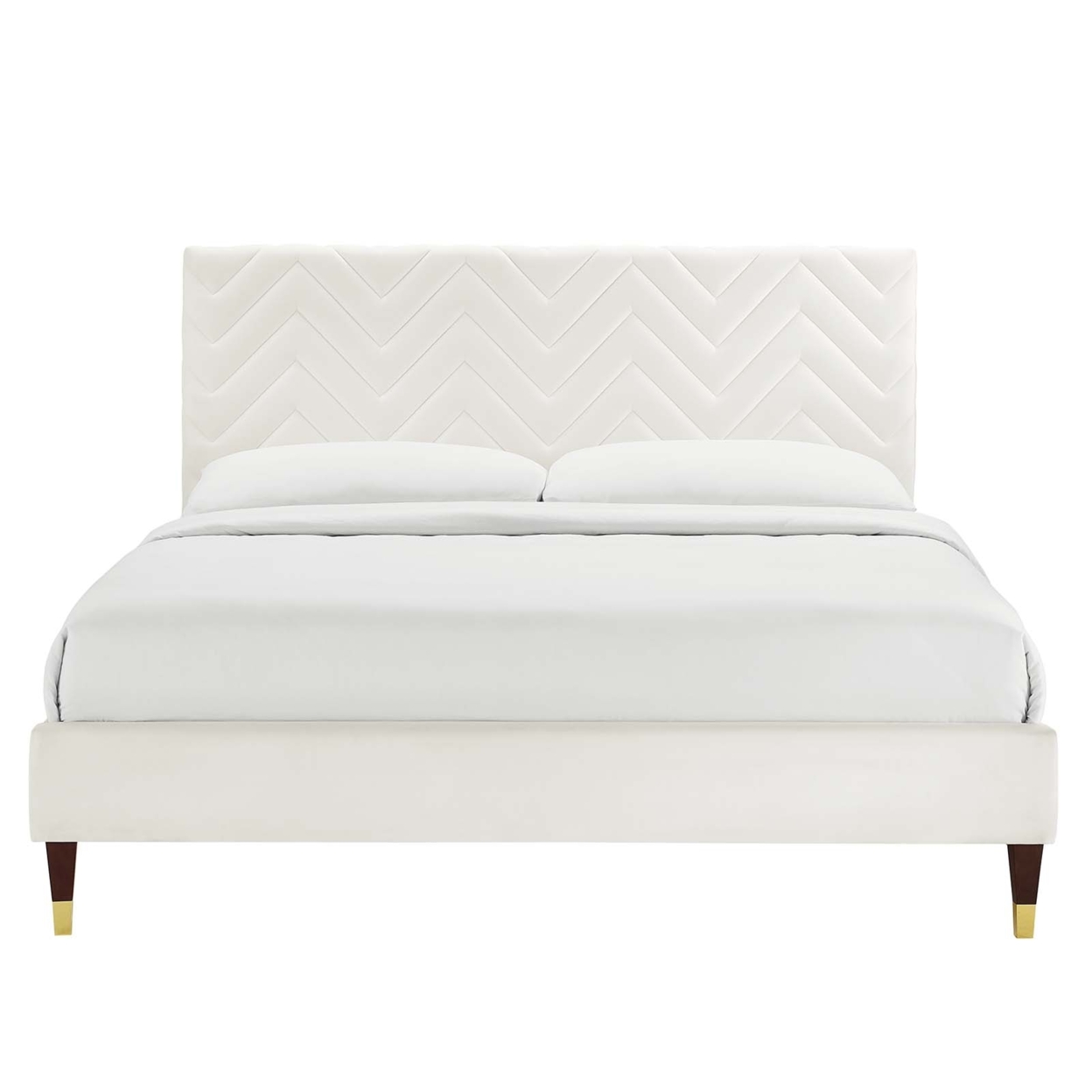 Full Size Bed, Chevron Tufted Panel Headboard, White Velvet