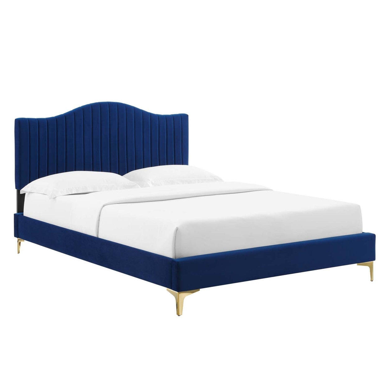 Full Size Platform Bed, Navy Blue Velvet, Camelback Tufted Headboard