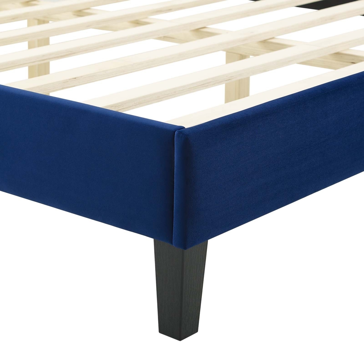 Full Size Platform Bed, Navy Blue Velvet, Camelback Design Headboard