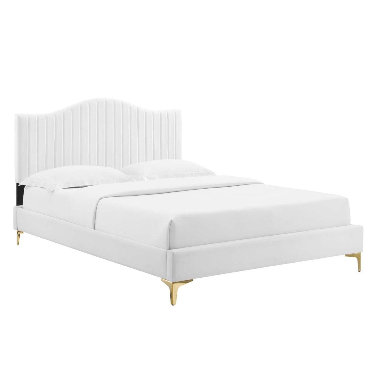 Full Size Platform Bed, Classic White Velvet, Camelback Tufted Headboard