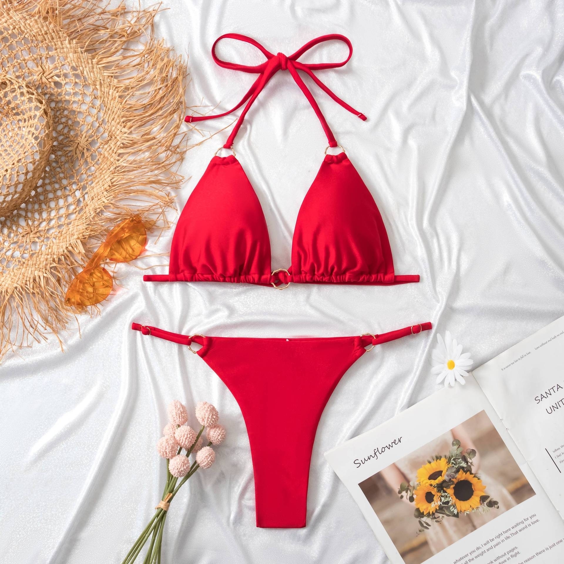 Triangle High Cut Bikini Swimsuit - Red, S