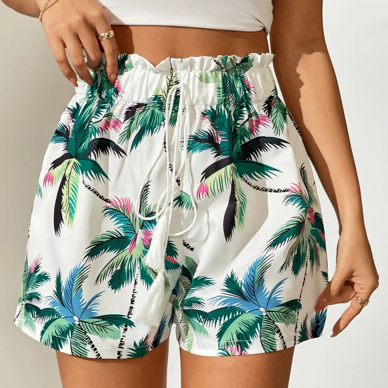 Tropical Print Knot Front Paperbag Waist Wide Leg Shorts - L