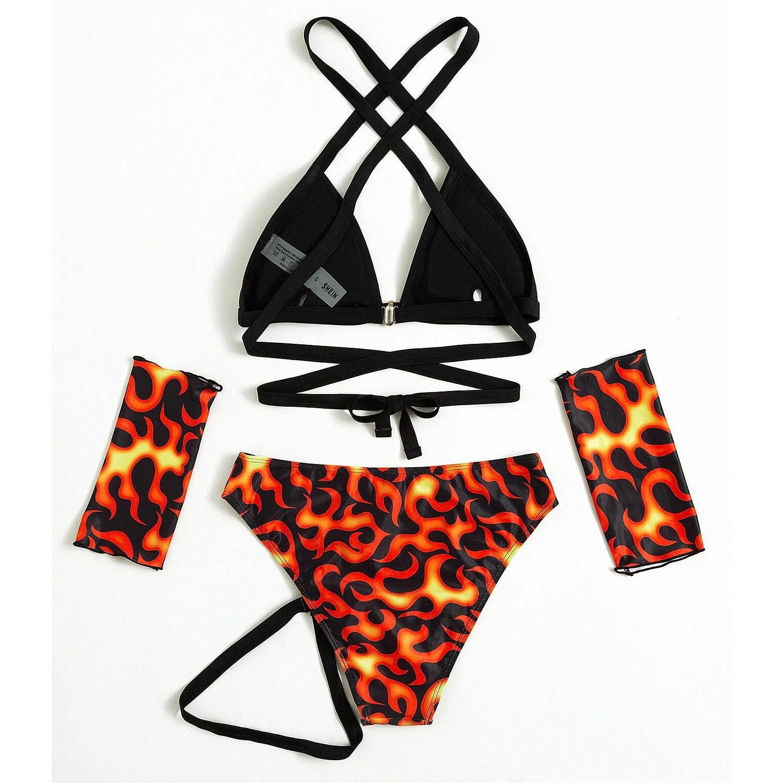 Fire Pattern Criss Cross Bikini Swimsuit With 1pair Oversleeves - M