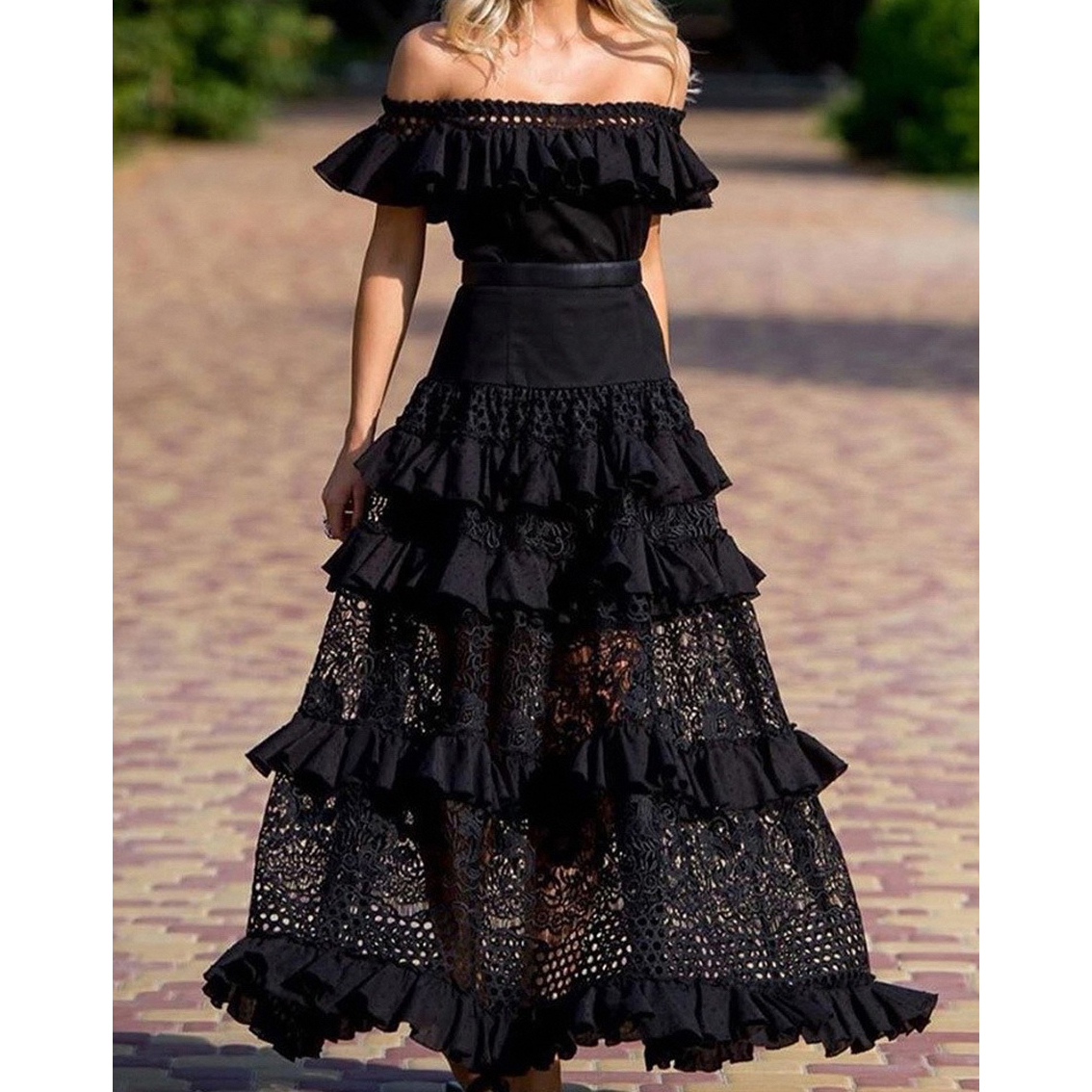 Sexy Lace Strap Maxi Dress - Black, L
