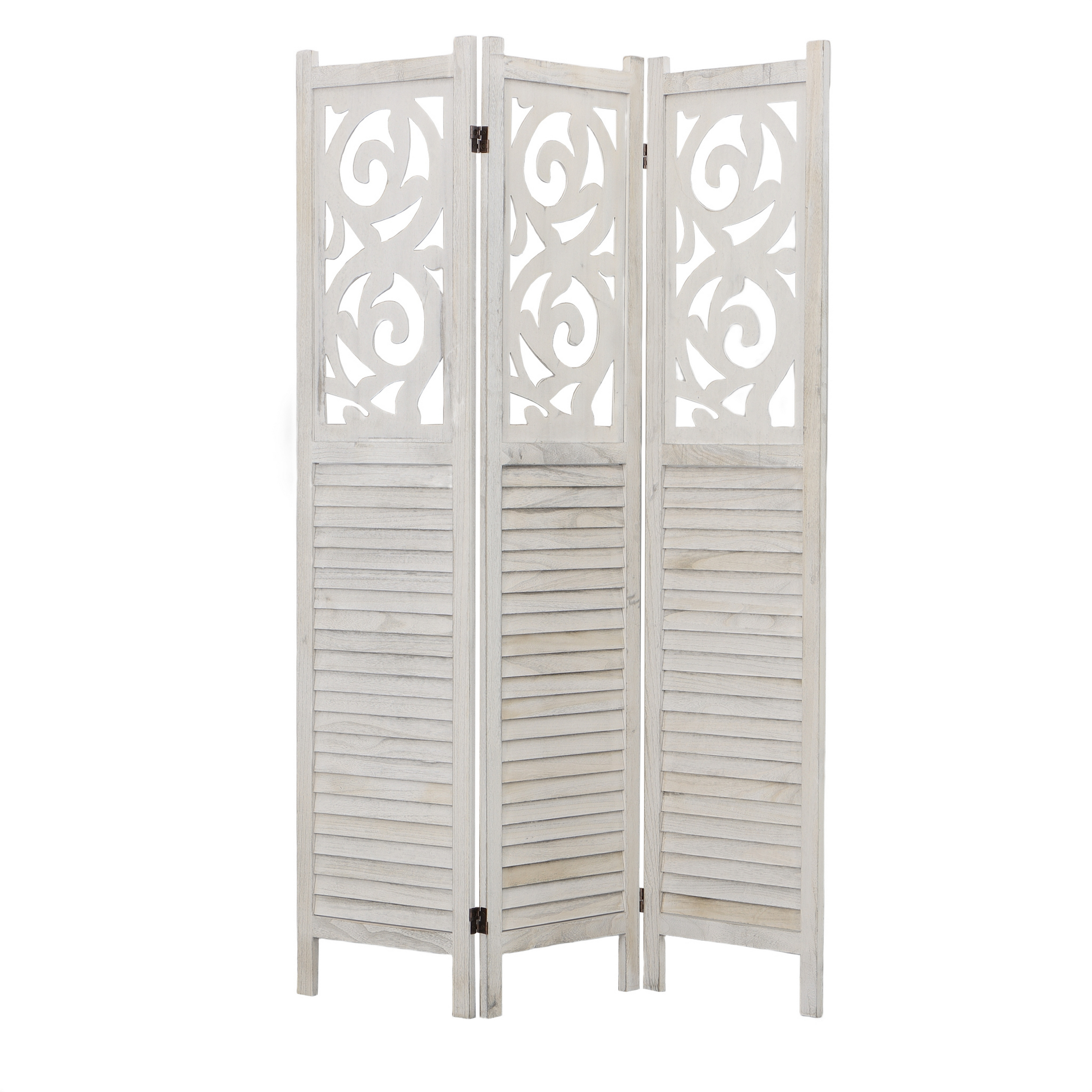 67 Inch Paulownia Wood Panel Divider Screen, Ornate Scrolled Shutter Design, 3 Panels, Washed White- Saltoro Sherpi