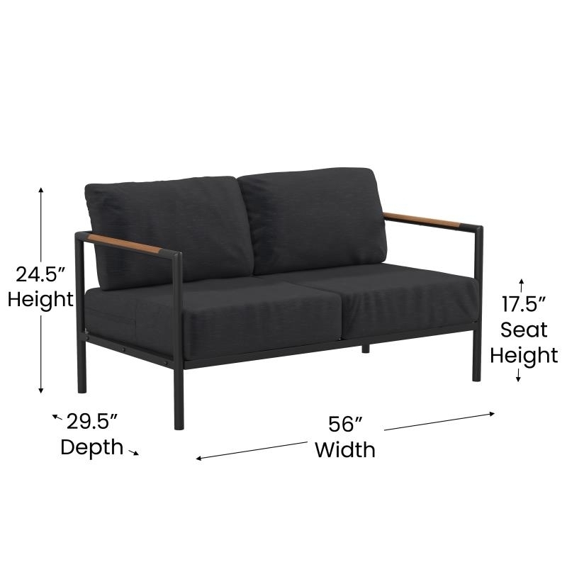 Indooroutdoor Patio Loveseat With Cushions Modern Aluminum Framed Loveseat With Teak Accent Arms, Black With Charcoal Cushions