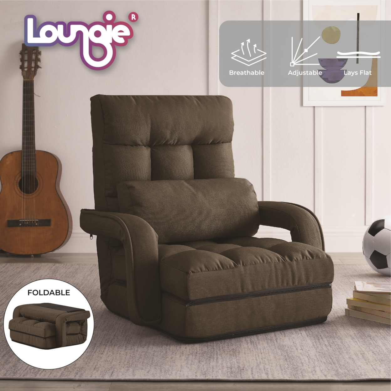 Nella Chair - 5 Adjustable Positions, Foldable, Back Support Pillow, Washable Cover, Steel Rod Construction - Brown