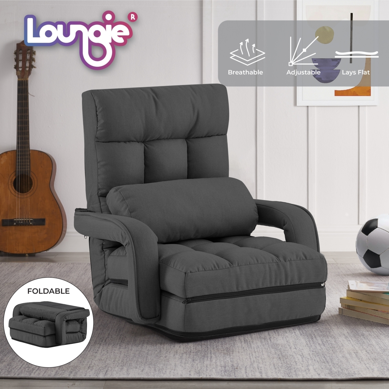 Nella Chair - 5 Adjustable Positions, Foldable, Back Support Pillow, Washable Cover, Steel Rod Construction - Dark Grey