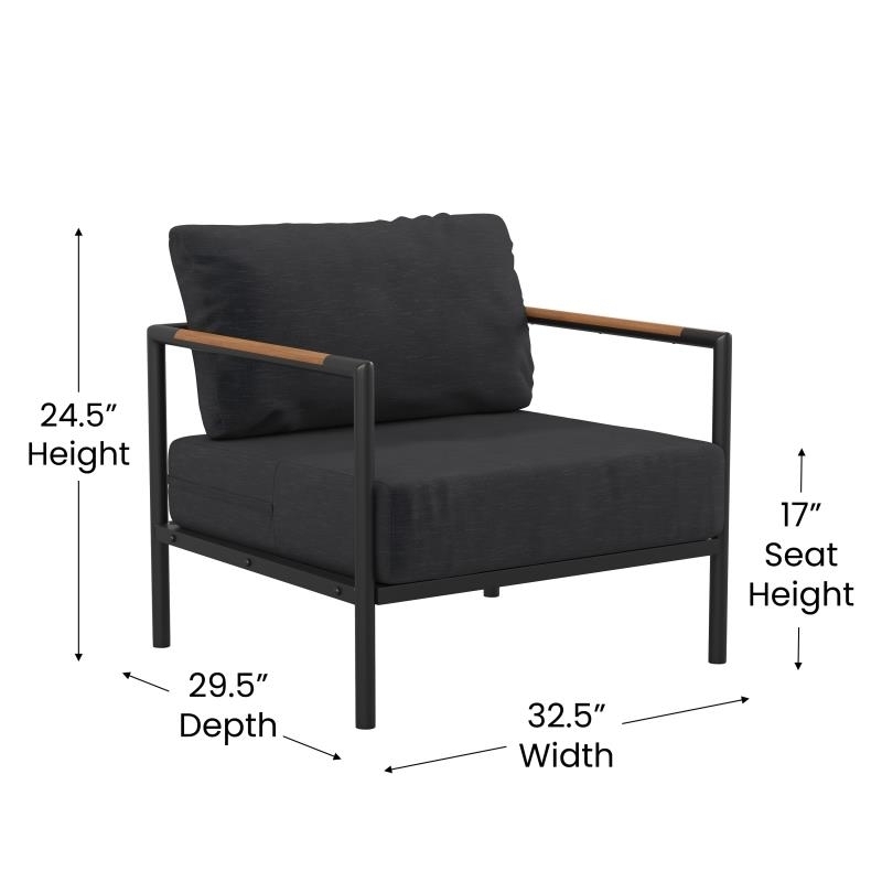 Indooroutdoor Patio Chair With Cushions Modern Aluminum Framed Chair With Teak Accented Arms, Black With Charcoal Cushions