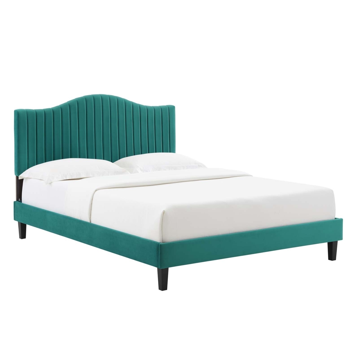 Full Size Platform Bed, Teal Green Velvet, Camelback Design Headboard