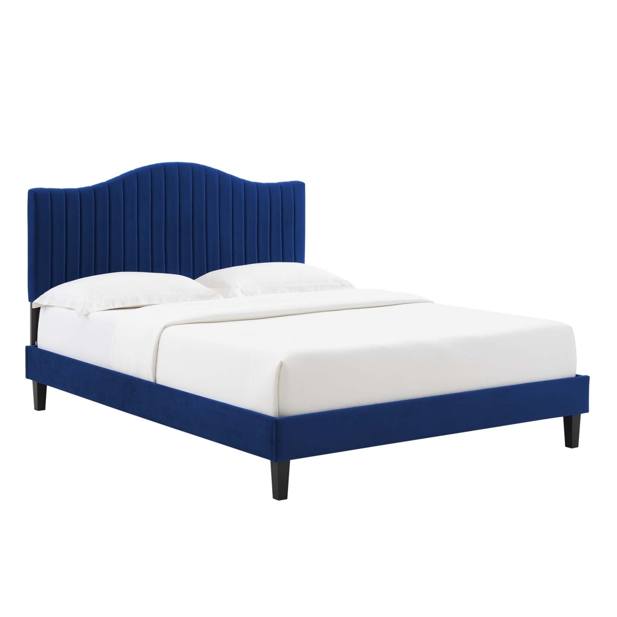 King Size Platform Bed, Navy Blue Velvet, Camelback Design Headboard