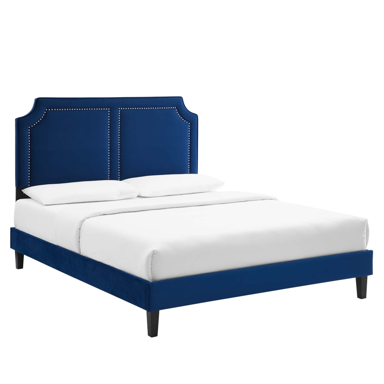 Twin Bed, Nailhead Trim, Navy Blue Velvet, Tapered Wood Legs
