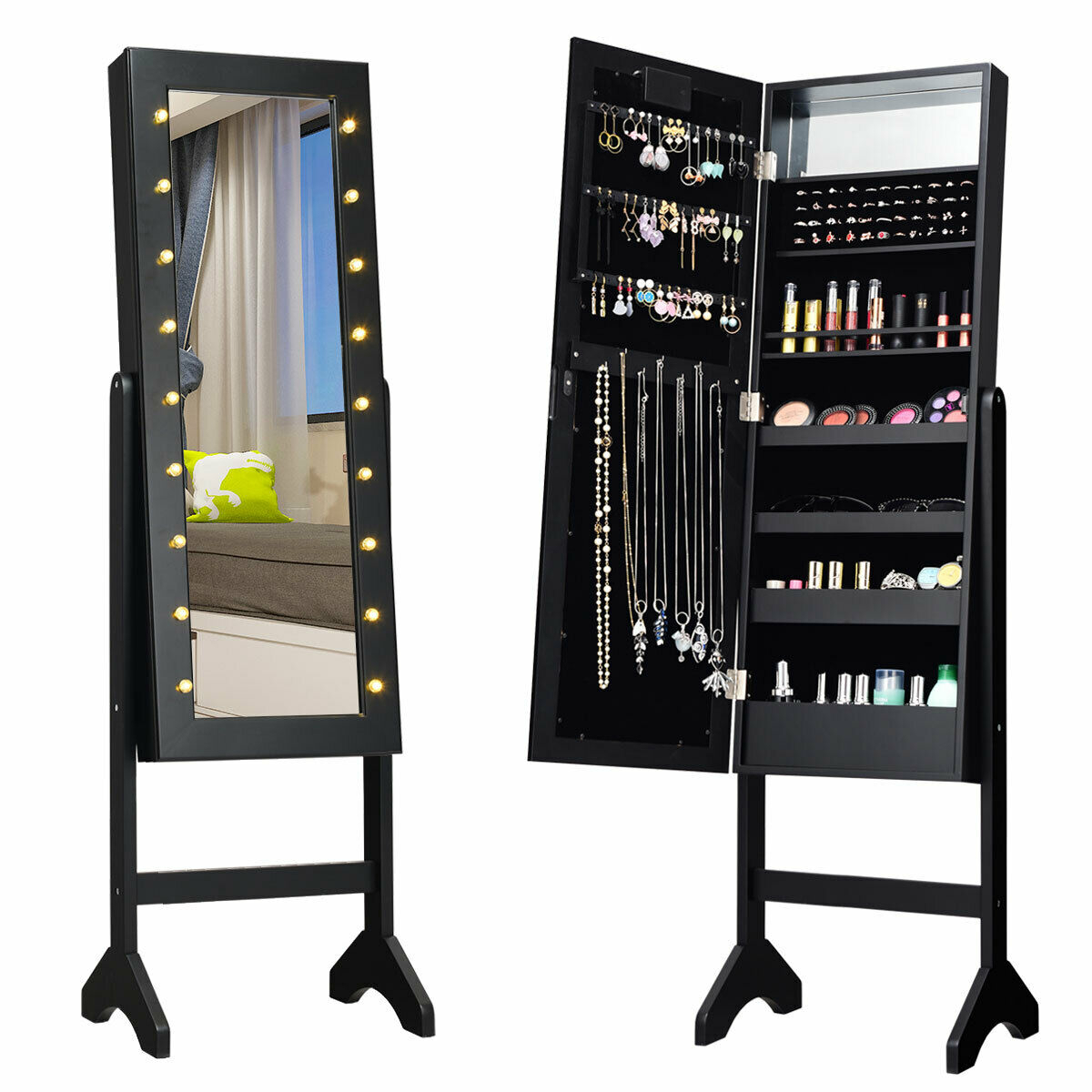 Full Length Mirror Jewelry Organizer Vanity Box W/ 18 LED Lights - Black