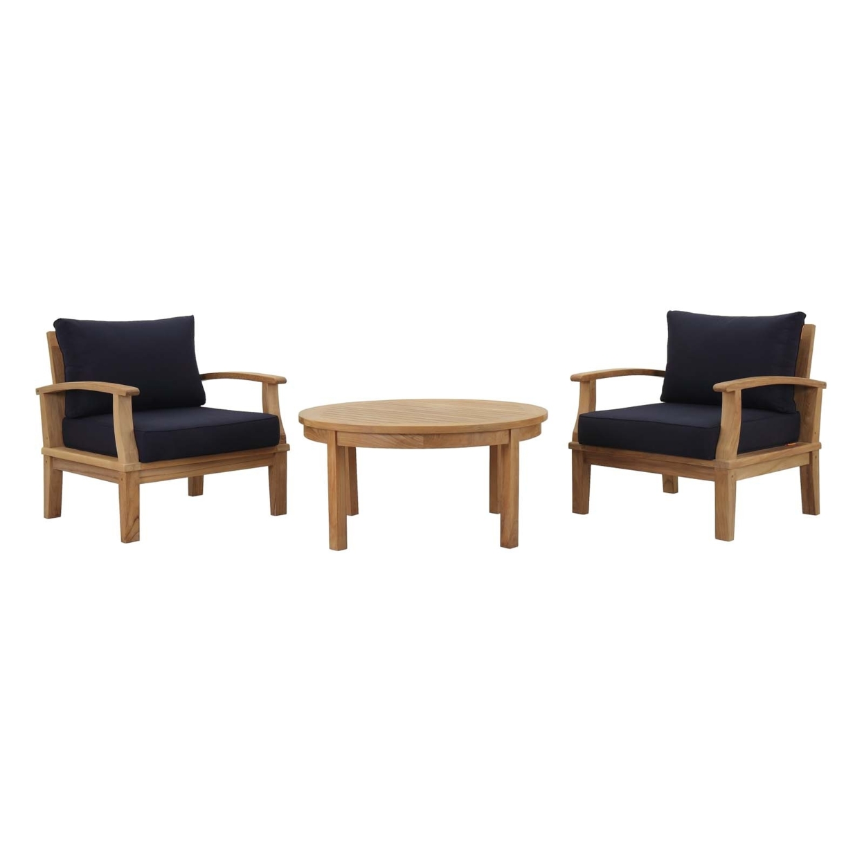 3 Piece Outdoor Patio Seating Set, Natural Teak Frame, Navy Blue Cushions