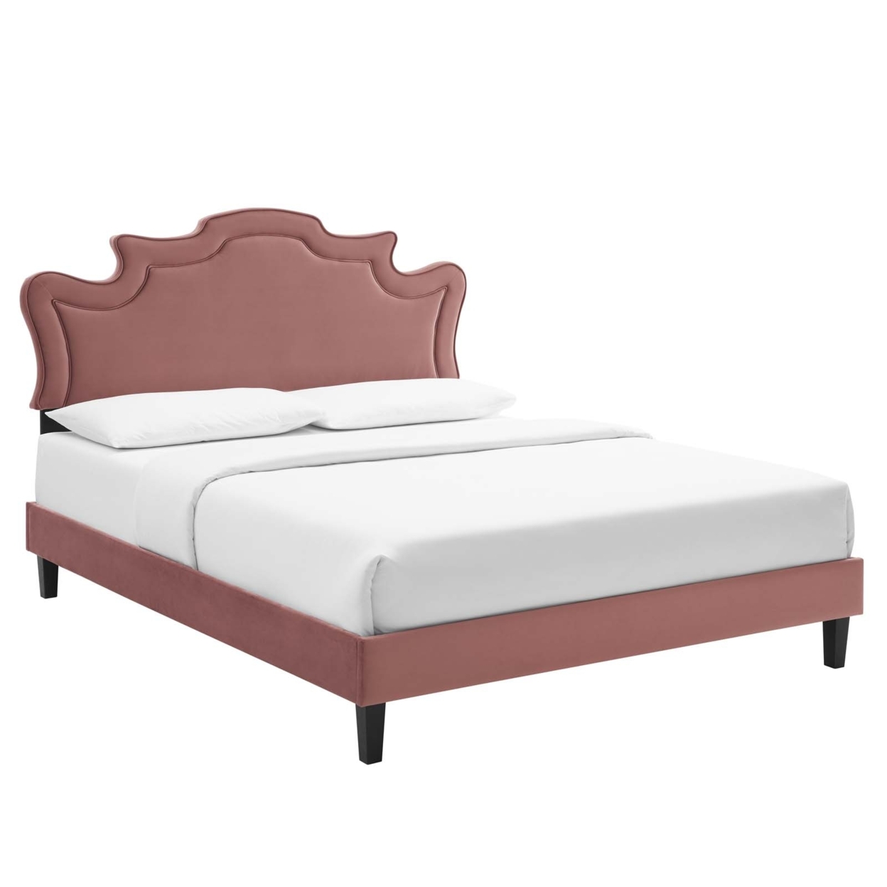 Twin Bed, Dusty Pink Velvet Scalloped Headboard, Tapered Wood Legs