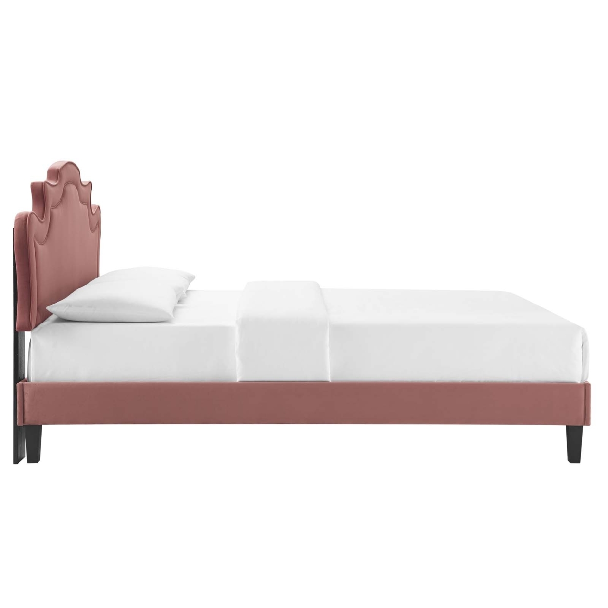 Twin Bed, Dusty Pink Velvet Scalloped Headboard, Tapered Wood Legs