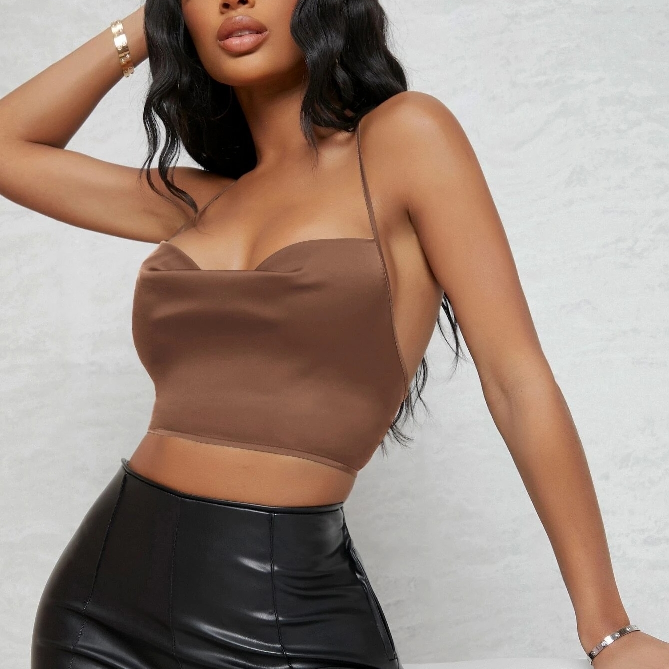 Lace-up Open Back Cowl Neck Satin Top - Brown, M