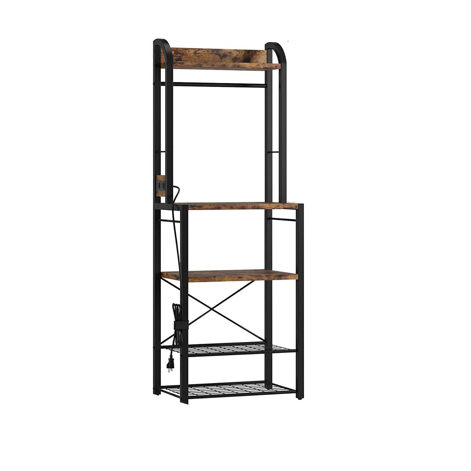 Rustic Brown Metal and Wood Baker's Rack with Power Outlet, Narrow Microwave Stand and 8 Hooks