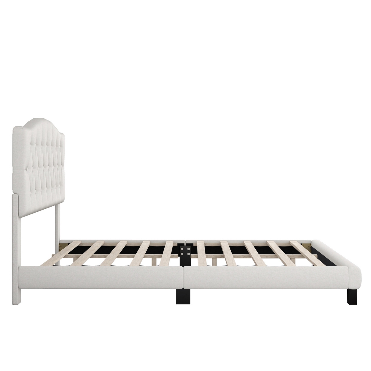 Cody Queen Size Platform Bed With Diamond Button Tufted Headboard, Beige- Saltoro Sherpi