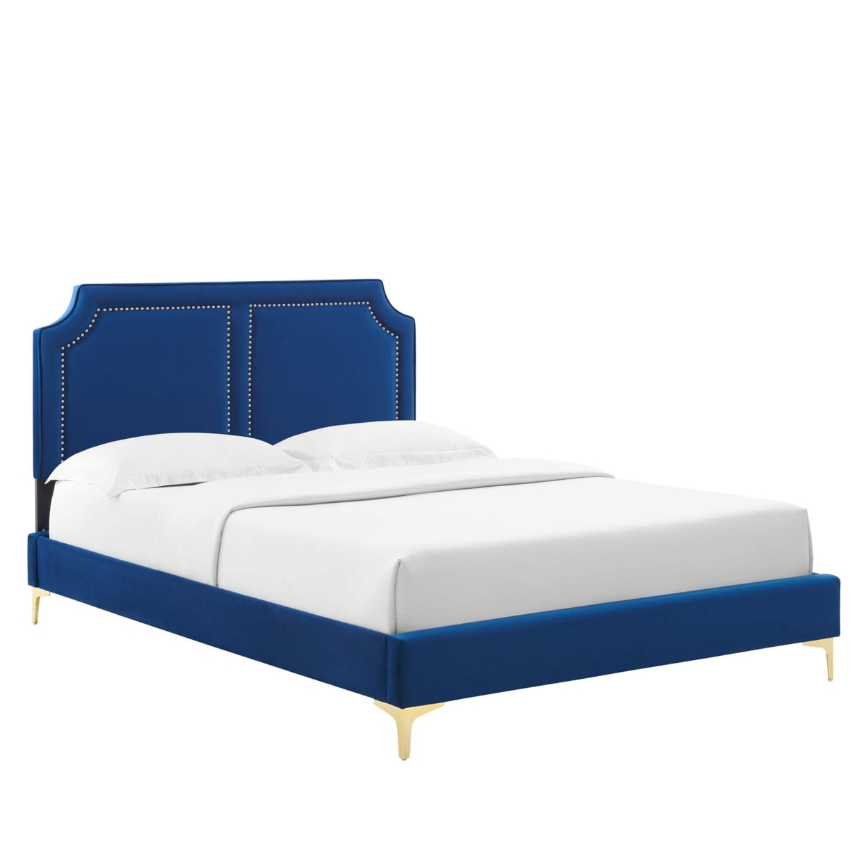 Twin Bed, Scooped Headboard, Nailhead Trim, Navy Blue Velvet