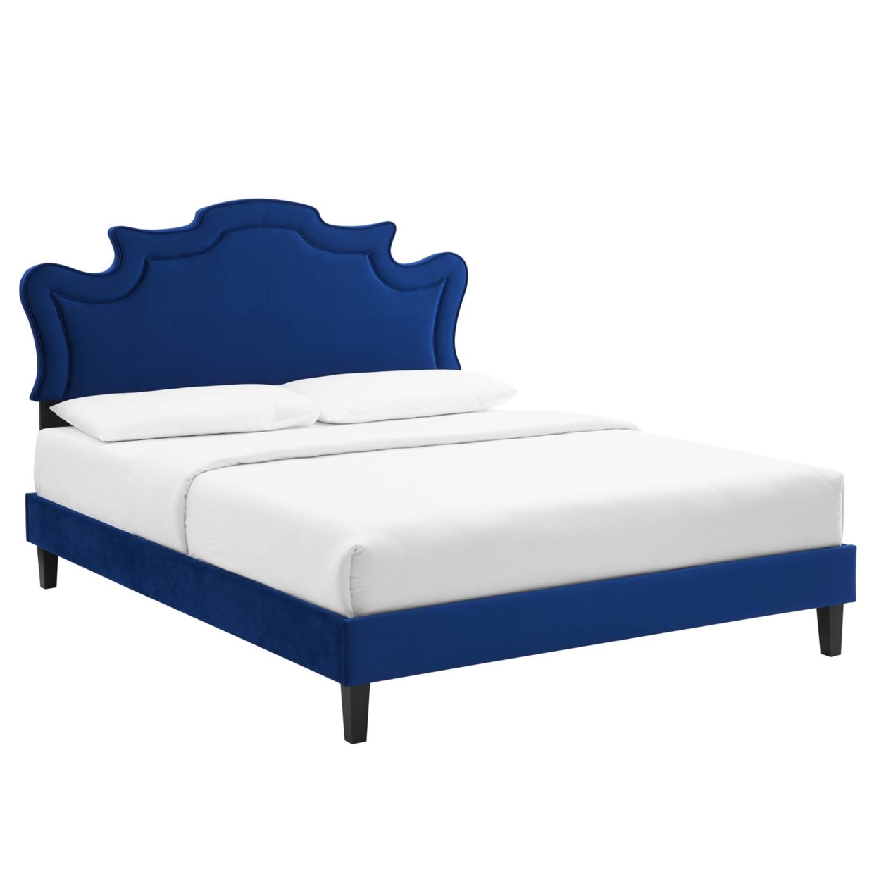 King Bed, Navy Blue Velvet Scalloped Headboard, Tapered Wood Legs