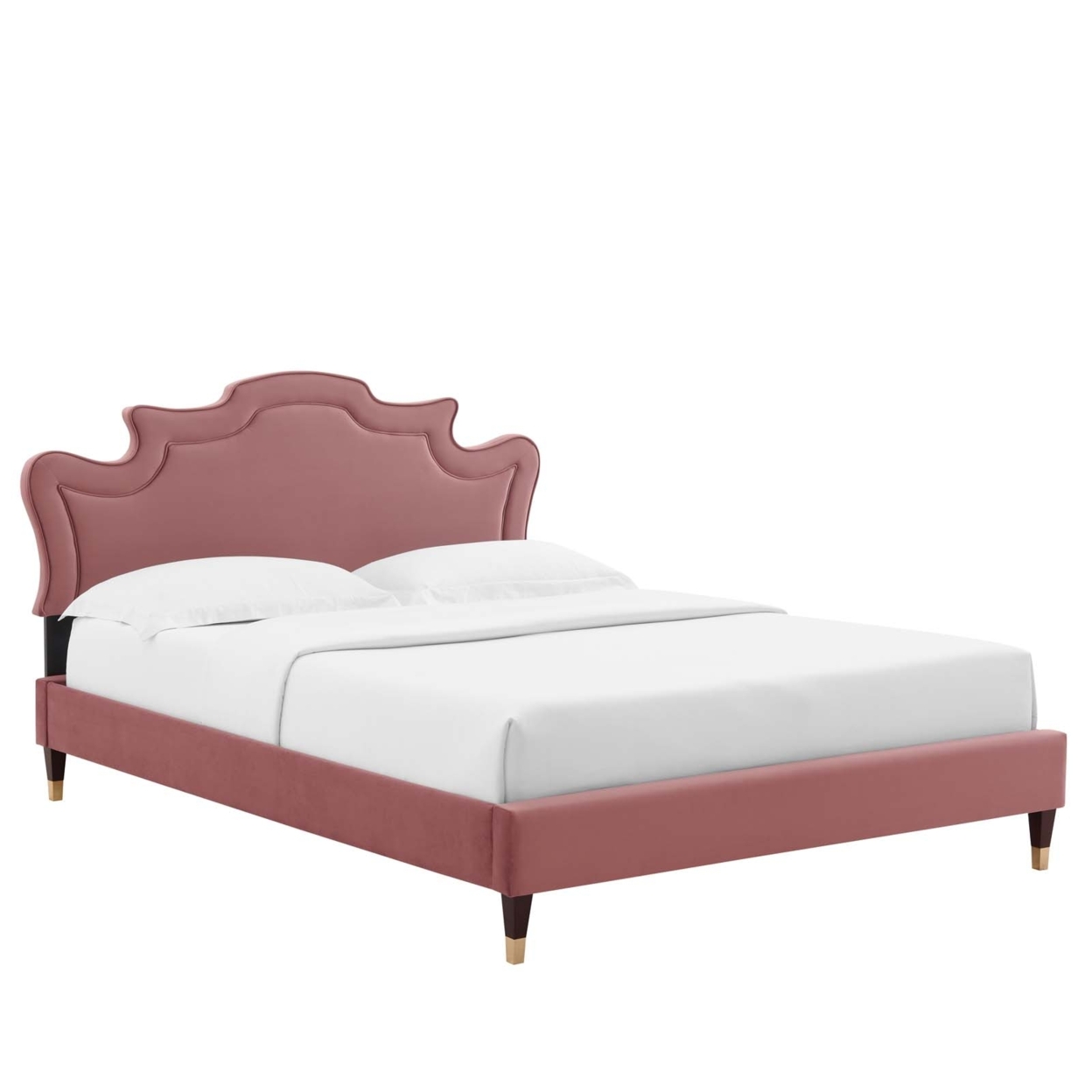 Twin Bed, Scalloped Headboard, Stain Resistant Dusty Pink Velvet