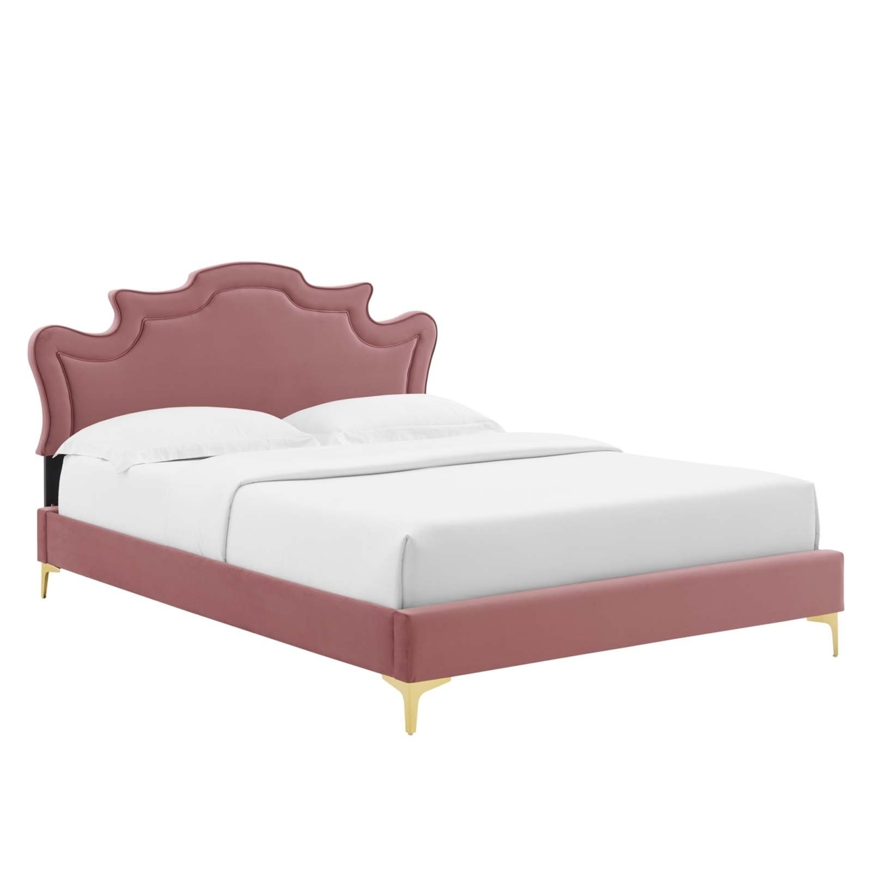 Twin Bed, Scalloped Headboard, Dusty Pink Velvet