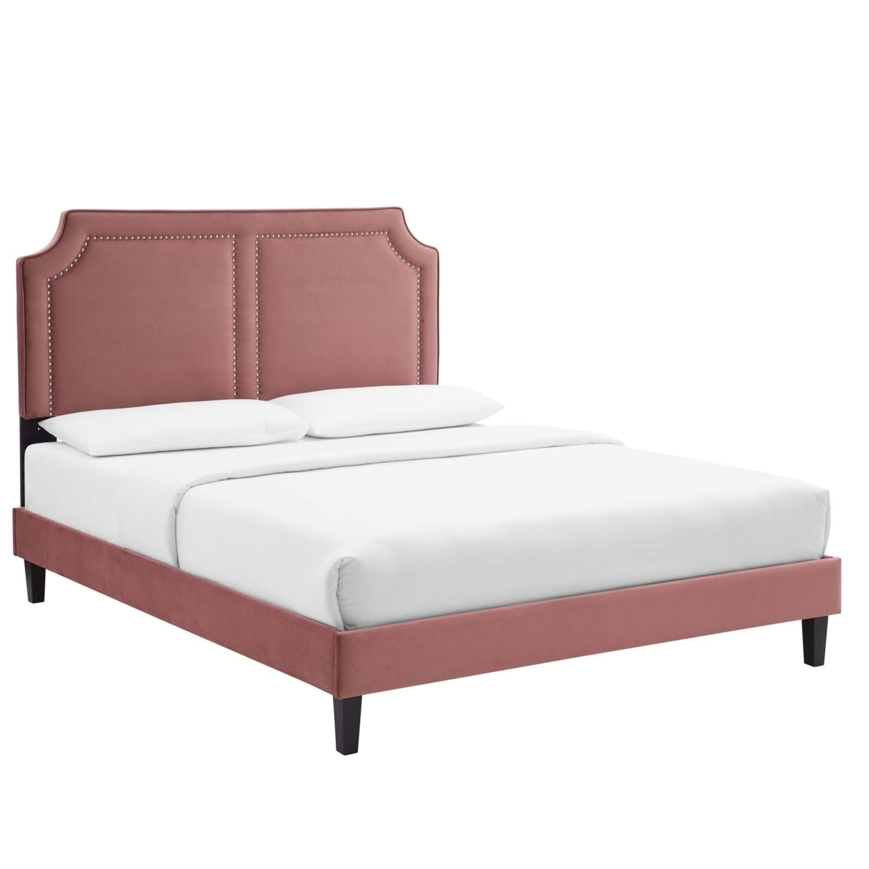 Twin Bed, Nailhead Trim, Dusty Pink Velvet, Tapered Wood Legs
