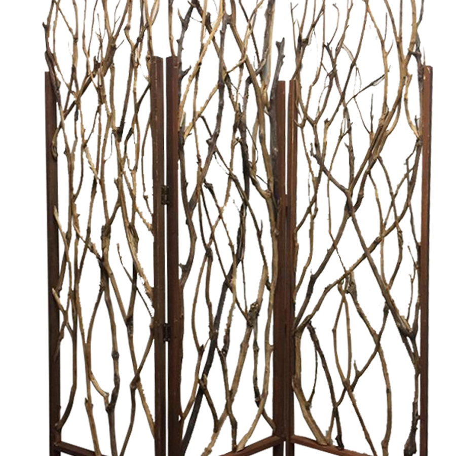 3 Panel Contemporary Foldable Wood Screen With Tree Branches, Brown- Saltoro Sherpi