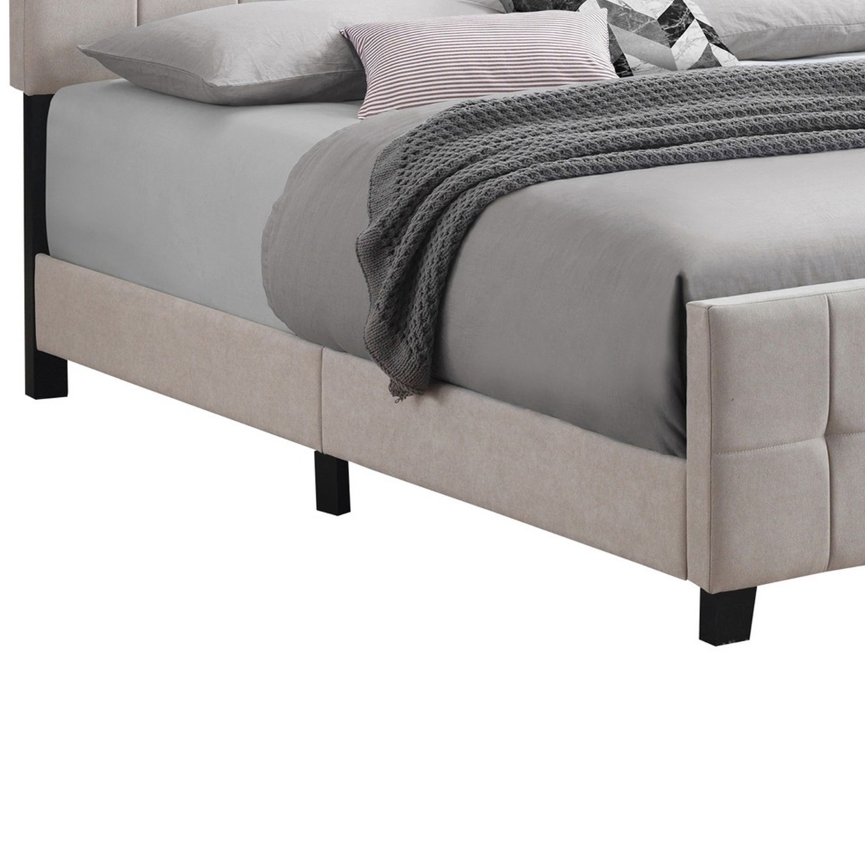 Feny King Bed, Light Gray Fabric Upholstered, Stitched Grid Design