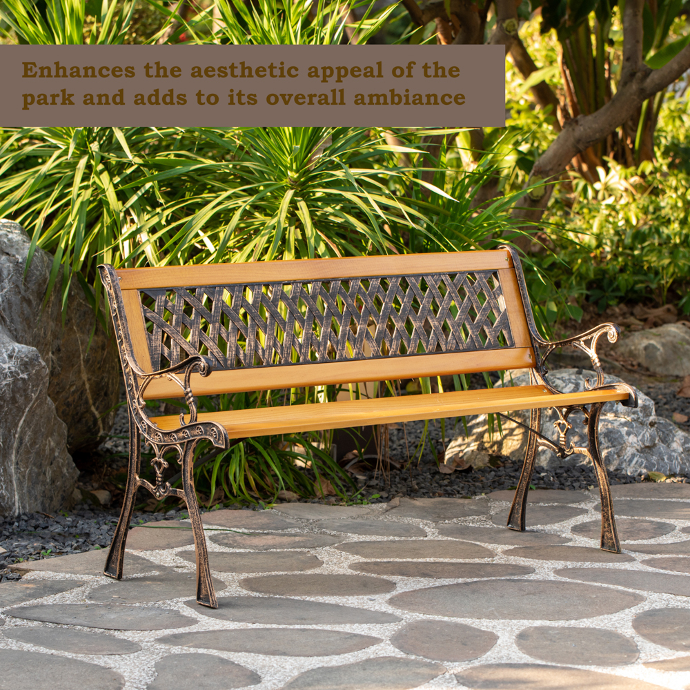 Outdoor Classical Wooden Slated Park Bench, Steel Frame Seating Bench For Yard, Patio, Garden, Balcony, And Deck