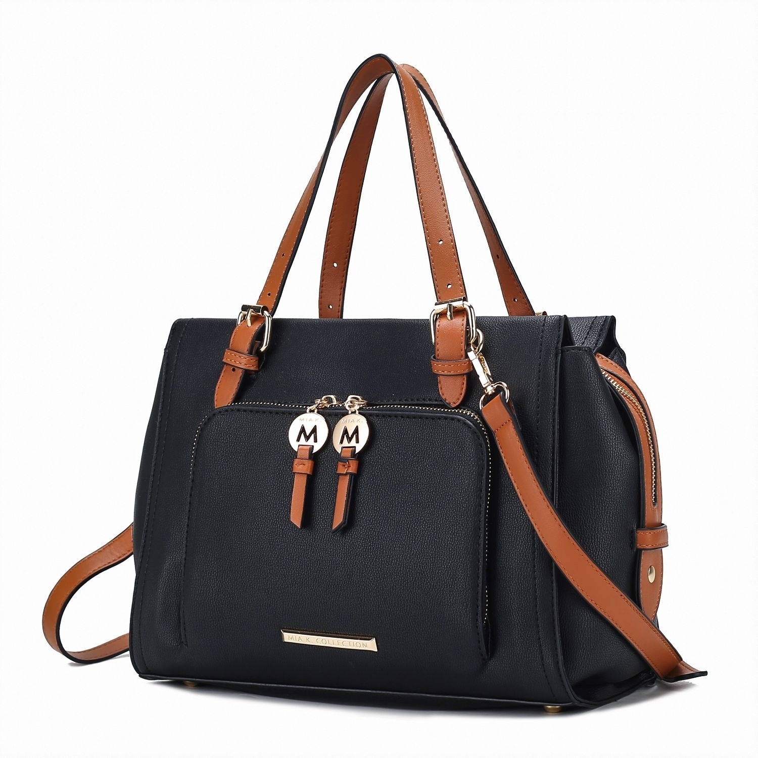 MKF Collection Elise Vegan Leather Color-block Women’s Satchel Bag By Mia K. - Black Cognac Combo