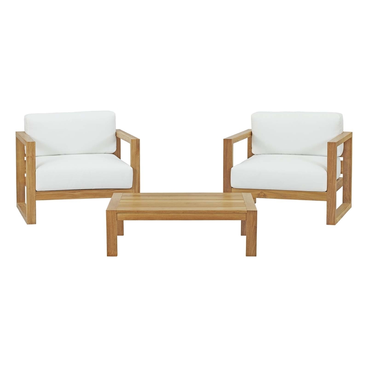 3 Piece Outdoor Seating Set, Natural Teak Frame, 1 Coffee Table