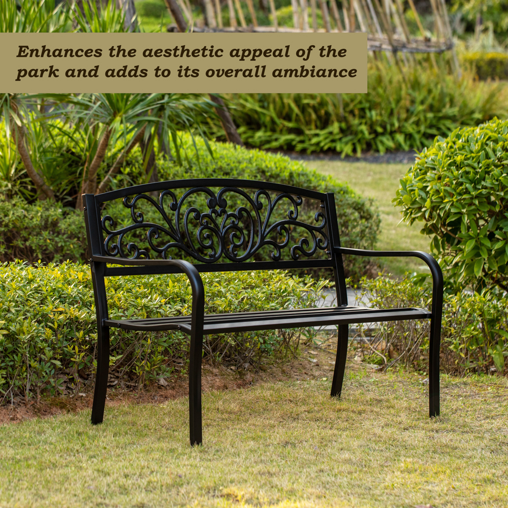 Gardenised Black Patio Garden Park Yard 50 In. Outdoor Steel Bench Powder Coated With Cast Iron Back
