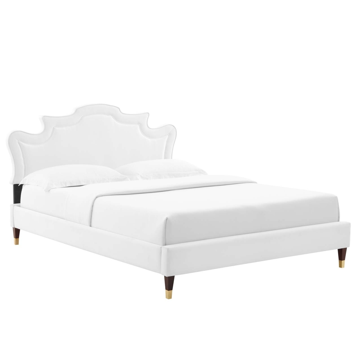 King Bed, Scalloped Headboard, Stain Resistant Classic White Velvet