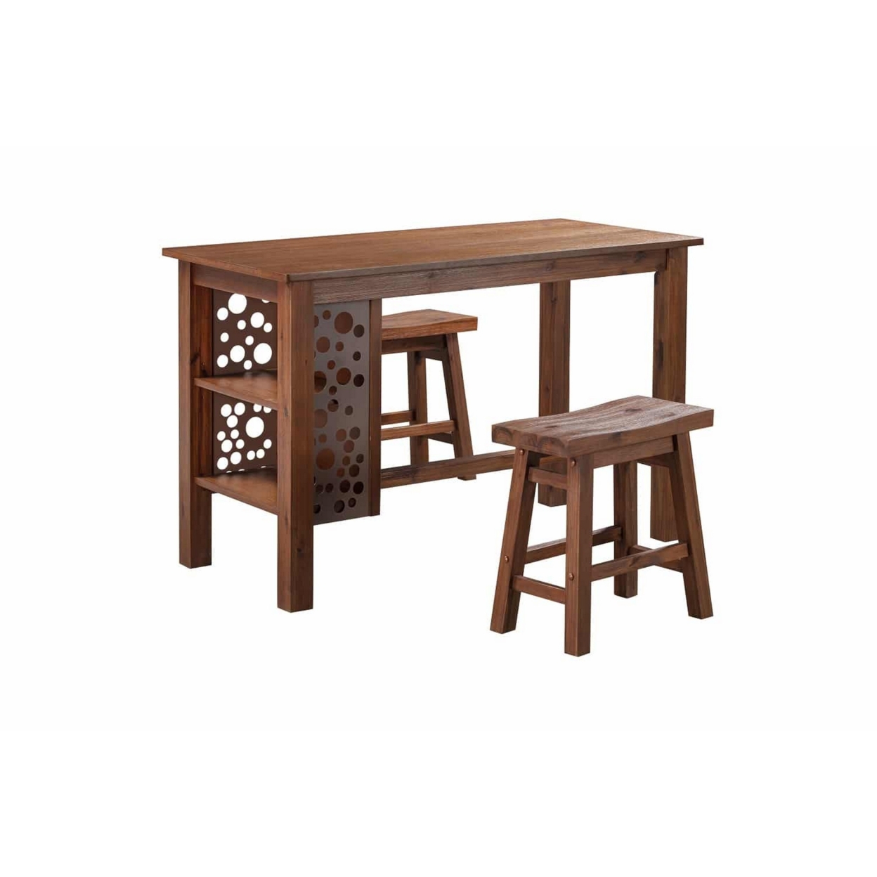 Bada 3 Piece Rectangular Dining Table Set, 2 Stools And 2 Shelves, Brown - Saltoro Sherpi