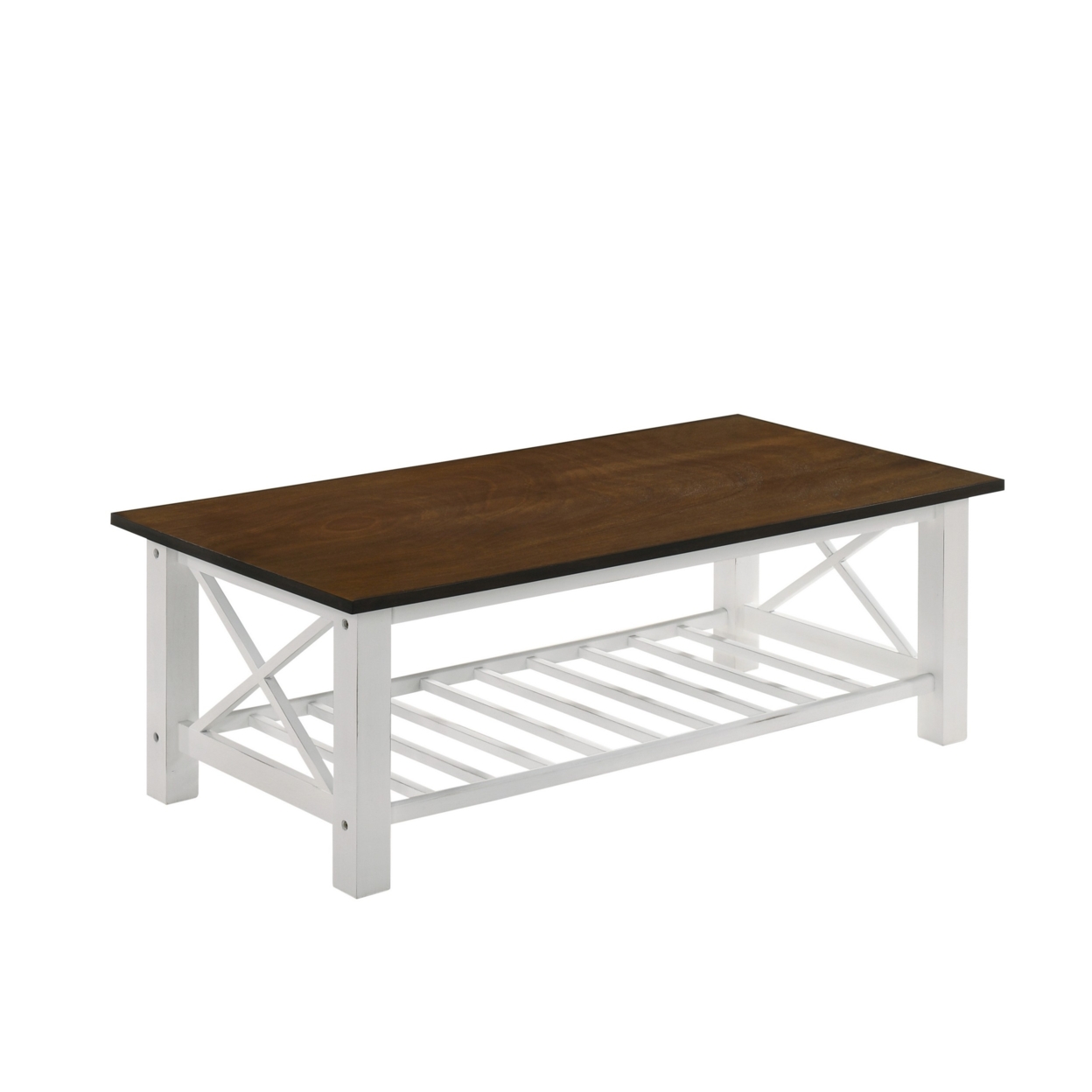 Viki 47 Inch Coffee Table, Crossbar, Slatted Open Shelf, White And Brown- Saltoro Sherpi
