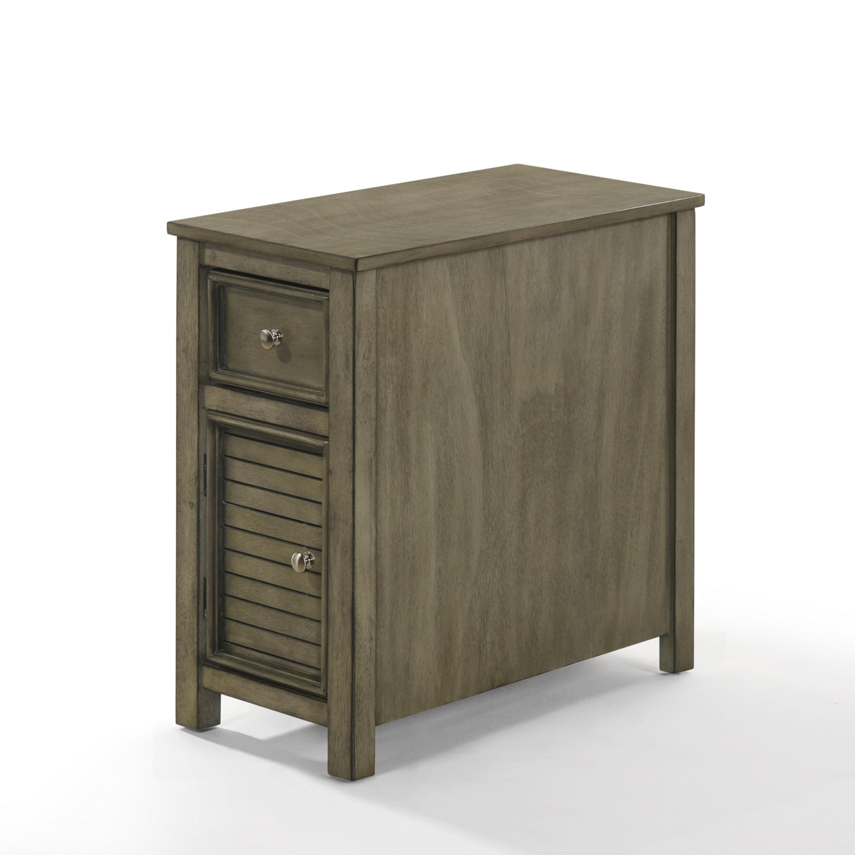Dane 24 Inch Side End Table, Shutter Style Door Cabinet, Warm Gray Finish- Saltoro Sherpi